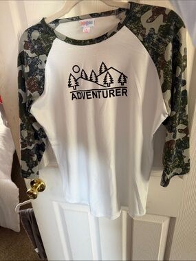 LuLaRoe White Tee with Green Camo Raglan Sleeves